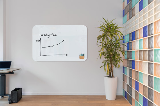 Artverum glass whiteboard with rounded corners, white, 150 x 100 x 1 cm | Flip charts / Writing boards | Sigel