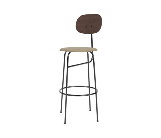 Afteroom Bar Chair Plus | Black Base | Upholstered Seat, Veneer Back | Audo Bouclé 02 - Beige | Dark Stained Oak | Taburetes de bar | Audo Copenhagen