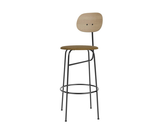 Afteroom Bar Chair Plus | Black Base | Upholstered Seat, Veneer Back | Audo Bouclé 06 - Gold | Natural Oak | Bar stools | Audo Copenhagen