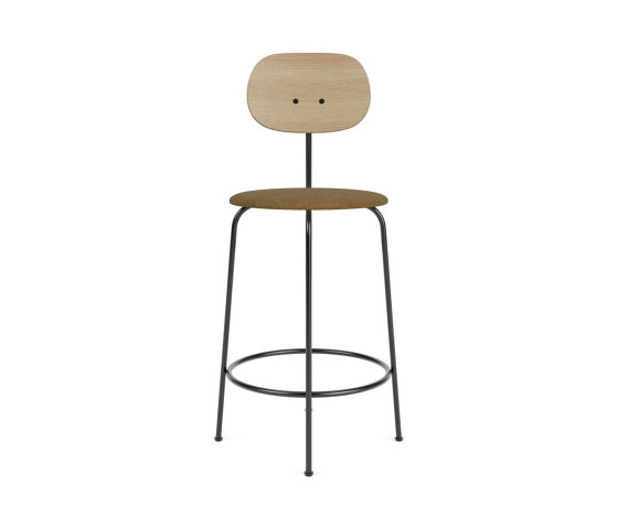 Afteroom Counter Chair Plus | Black Base | Upholstered Seat, Veneer Back | Audo Bouclé 06 - Gold | Natural Oak | Sedie bancone | Audo Copenhagen