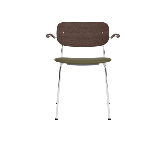 Co Dining Chair w. Armrest | Chrome Base | Upholstered Seat, Oak Back | Sierra - Army 0441 | Dark Stained Oak | Chaises | Audo Copenhagen