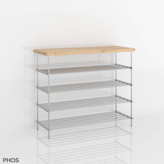 Stainless steel bathroom shelf with oak shelf: 60 cm wide, 70 cm high, 4 levels | Shelving | PHOS Design
