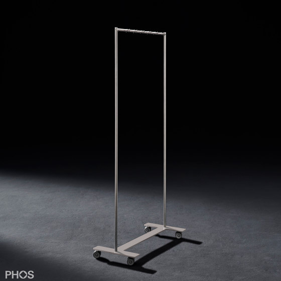 Minimalist roller coat rack with double-T base plate and hook rail - 80 cm wide | Coat racks | PHOS Design