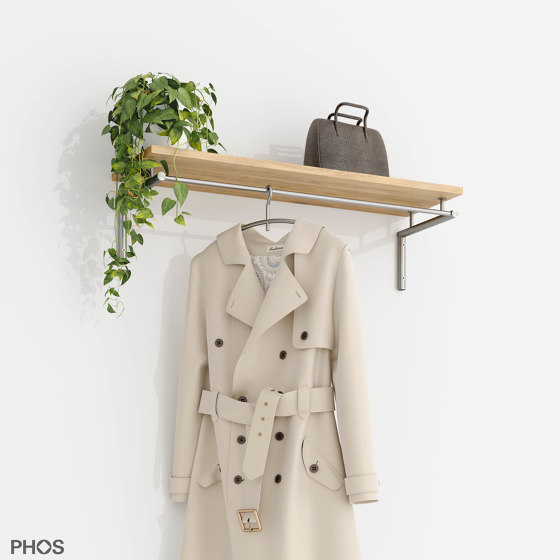 Wall coat rack with full-length clothes rail and oak hat shelf - 100 cm wide | Coat racks | PHOS Design