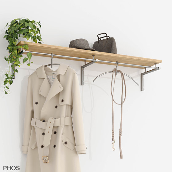 Wall coat rack with full-length clothes rail and oak hat shelf - 120 cm wide | Coat racks | PHOS Design