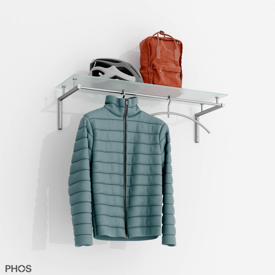 Wall coat rack with full-length clothes rail and glass hat shelf - 80 cm wide | Coat racks | PHOS Design