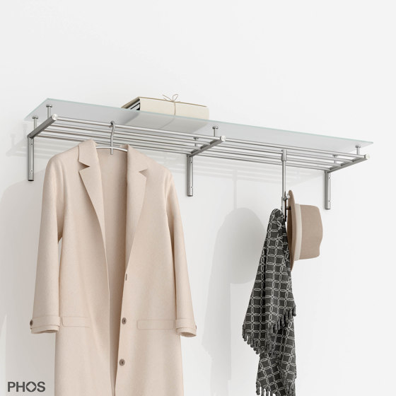 Wall coat rack with 4 clothes rails and glass hat shelf - 120 cm wide | Coat racks | PHOS Design