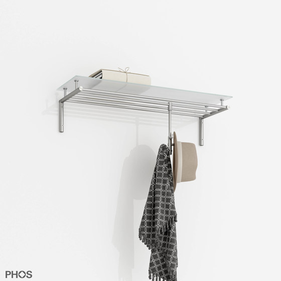 Wall coat rack with 4 clothes rails and glass hat shelf - 80 cm wide | Coat racks | PHOS Design