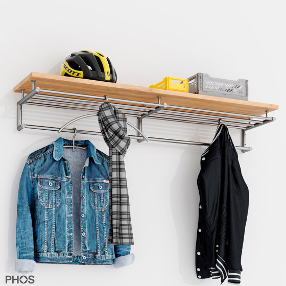 High-quality stainless steel wall coat rack with oak hat shelf - 120 cm wide | Towel rails | PHOS Design
