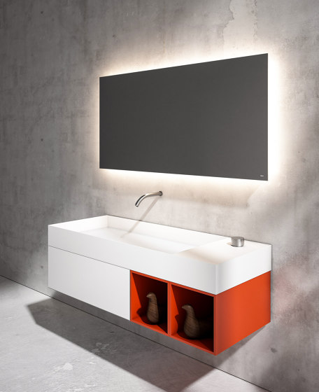 Quattro.Zero | Mueble con 1 Cajón y Doble Compartimento Abierto con Lavabo de Sobreponer en Cristalplant® Bio Active, Longitud 120-140cm | Armarios lavabo | Falper