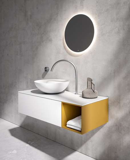 Quattro.Zero | Mueble con 1 Cajón y Compartimento Abierto, Lavabo de Sobreponer en Cristalplant® Bio Active, Longitud 80-100cm | Armarios lavabo | Falper