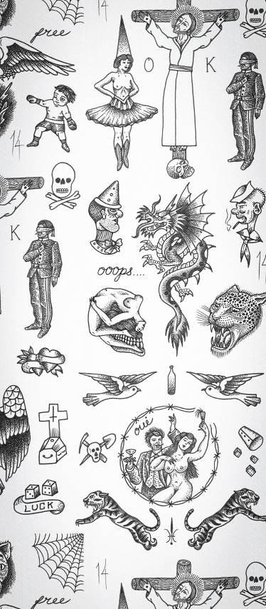 Black Grey and White Traditional Tattoo Flash Set 28 by Brian Kelly 5  Sheets