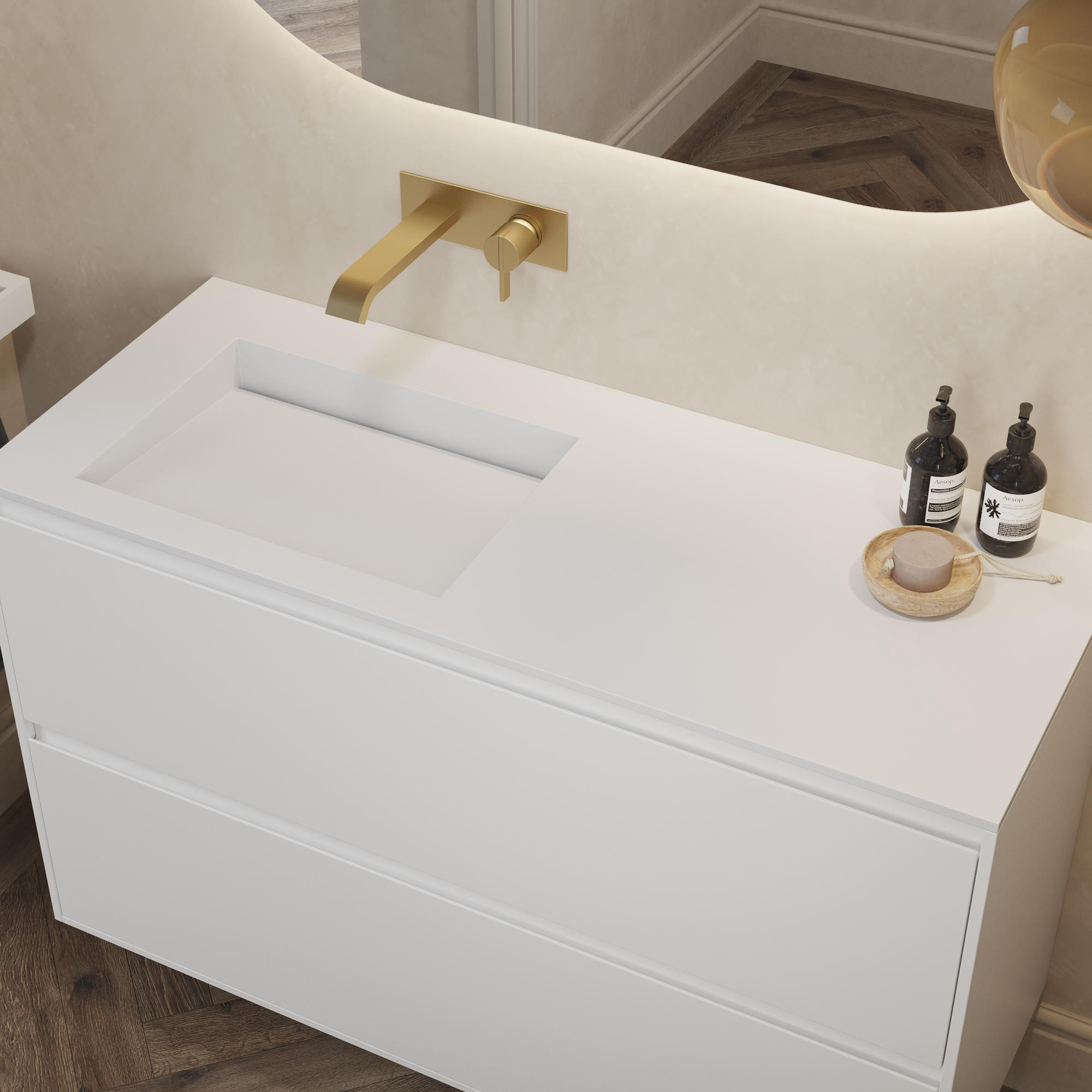 MDF + CORIAN®, Lavabo Sagitta Corian® + mueble bajo lavabo Gaia Classic -  4 cajones